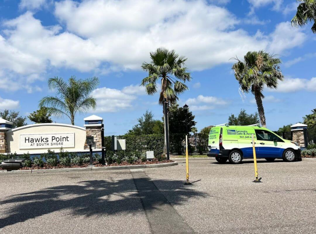 Sarasota Gate & Access service van at Hawks Point at South Shore HOA community entry in South Tampa, FL