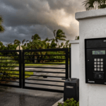 DoorKing DKS 1835 keypad and LiftMaster gate operator at a Sarasota HOA community entry with storm clouds building overhead during Florida hurricane season