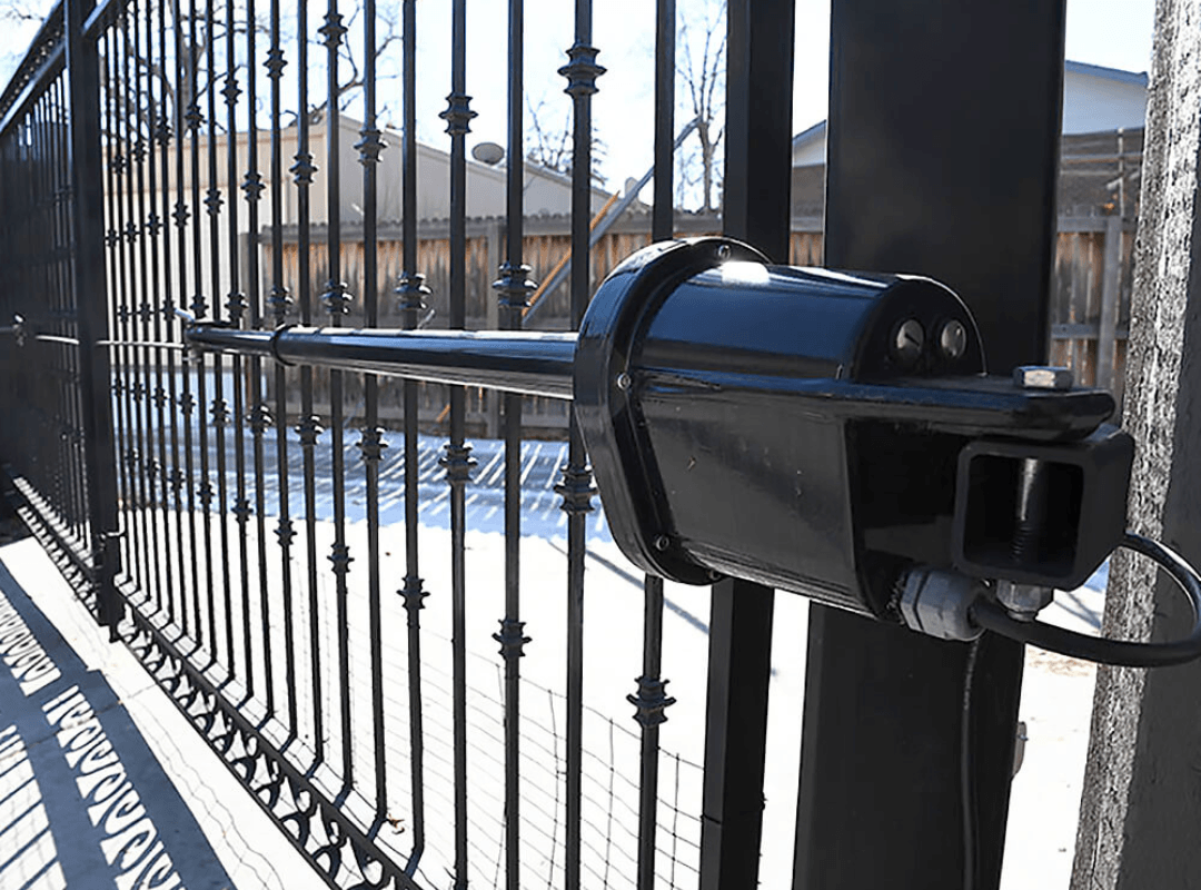 Apollo swing gate opener operator mounted on an ornamental iron gate, the type of Apollo gate system installed and serviced by Sarasota Gate & Access in Sarasota County