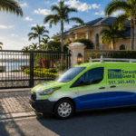 Sarasota Gate & Access service van parked at a waterfront estate property with ornamental iron swing gate in Southwest Florida — gate repair and replacement services for Sarasota and Fort Myers