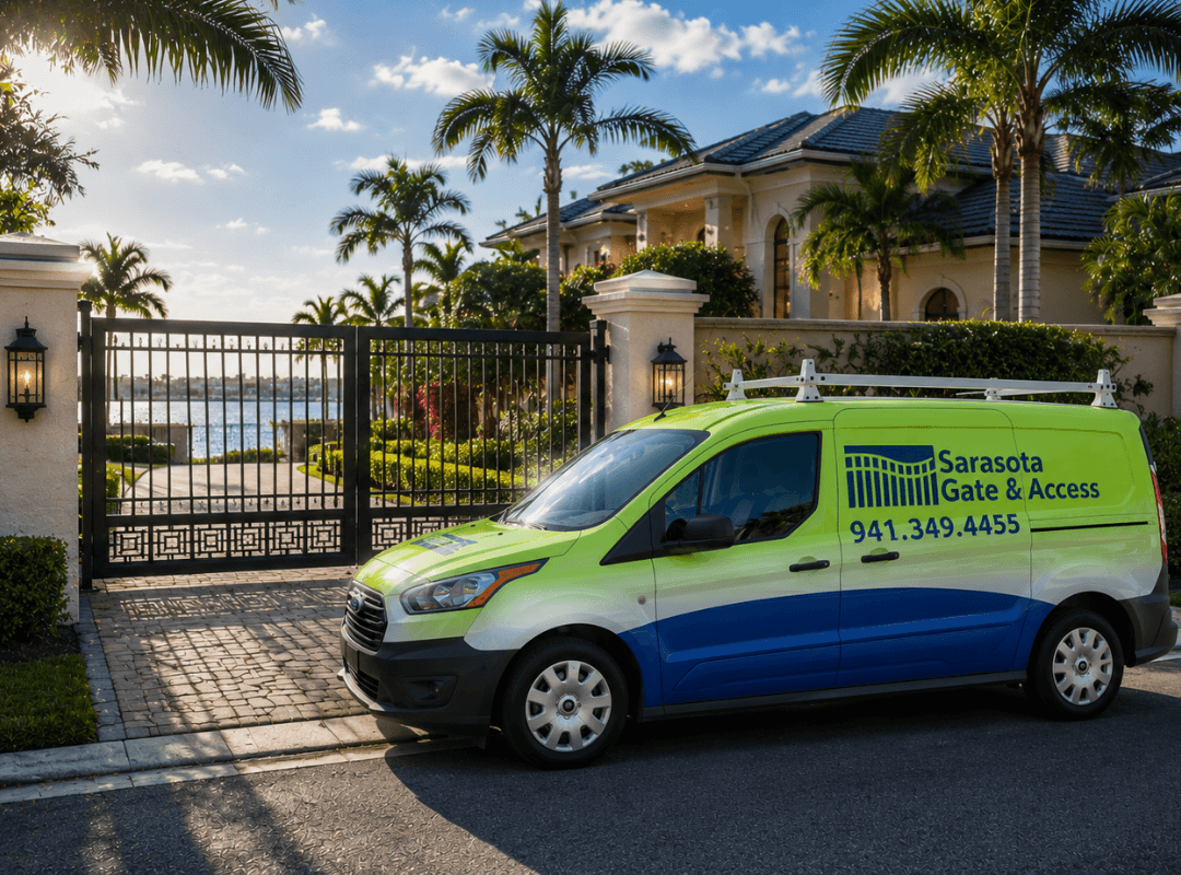 Sarasota Gate & Access service van parked at a waterfront estate property with ornamental iron swing gate in Southwest Florida — gate repair and replacement services for Sarasota and Fort Myers