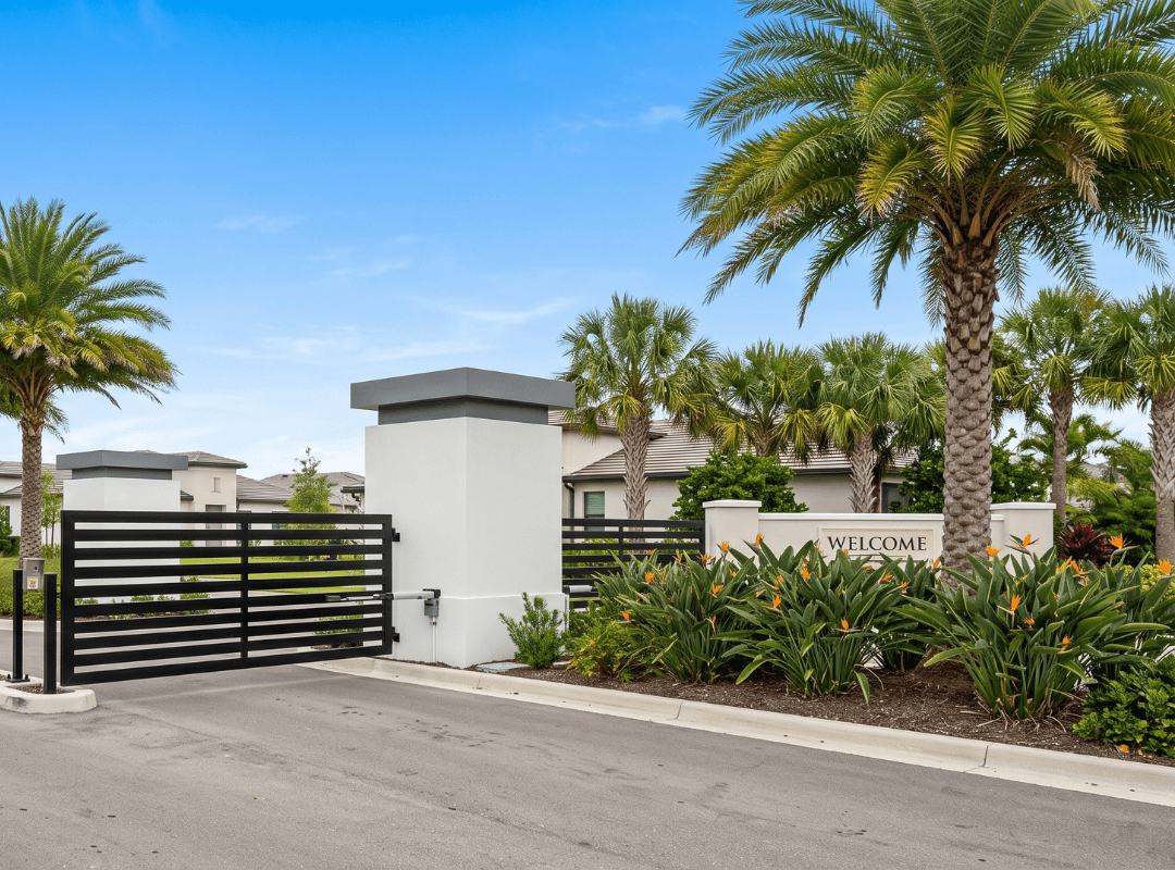 Modern automated community entry gates like this are common across Lakewood Ranch's HOA villages — Viking slide gate systems installed and maintained by Sarasota Gate & Access.