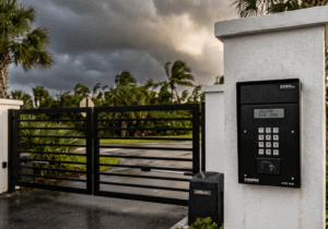 DoorKing DKS 1835 keypad and LiftMaster gate operator at a Sarasota HOA community entry with storm clouds building overhead during Florida hurricane season